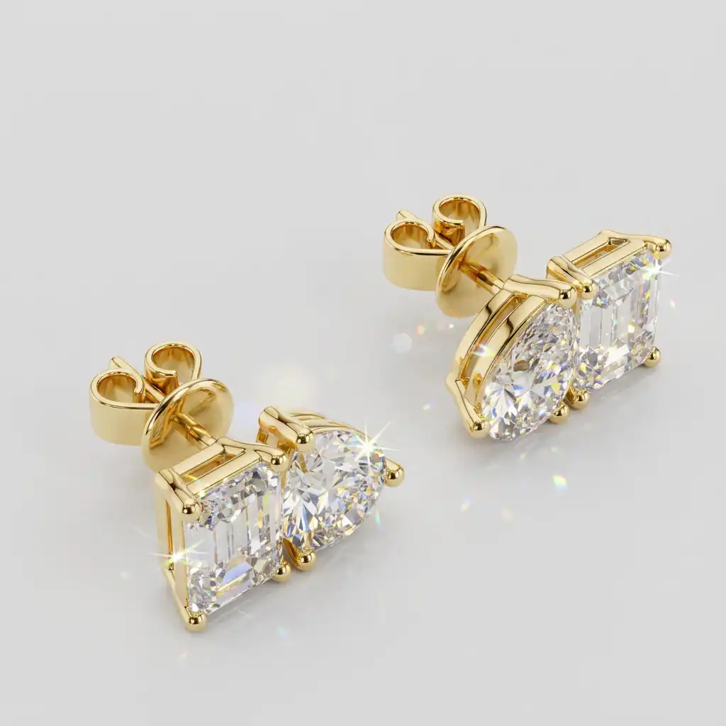 Modern Two-Stone Emerald Cut & Pear Diamond Studs