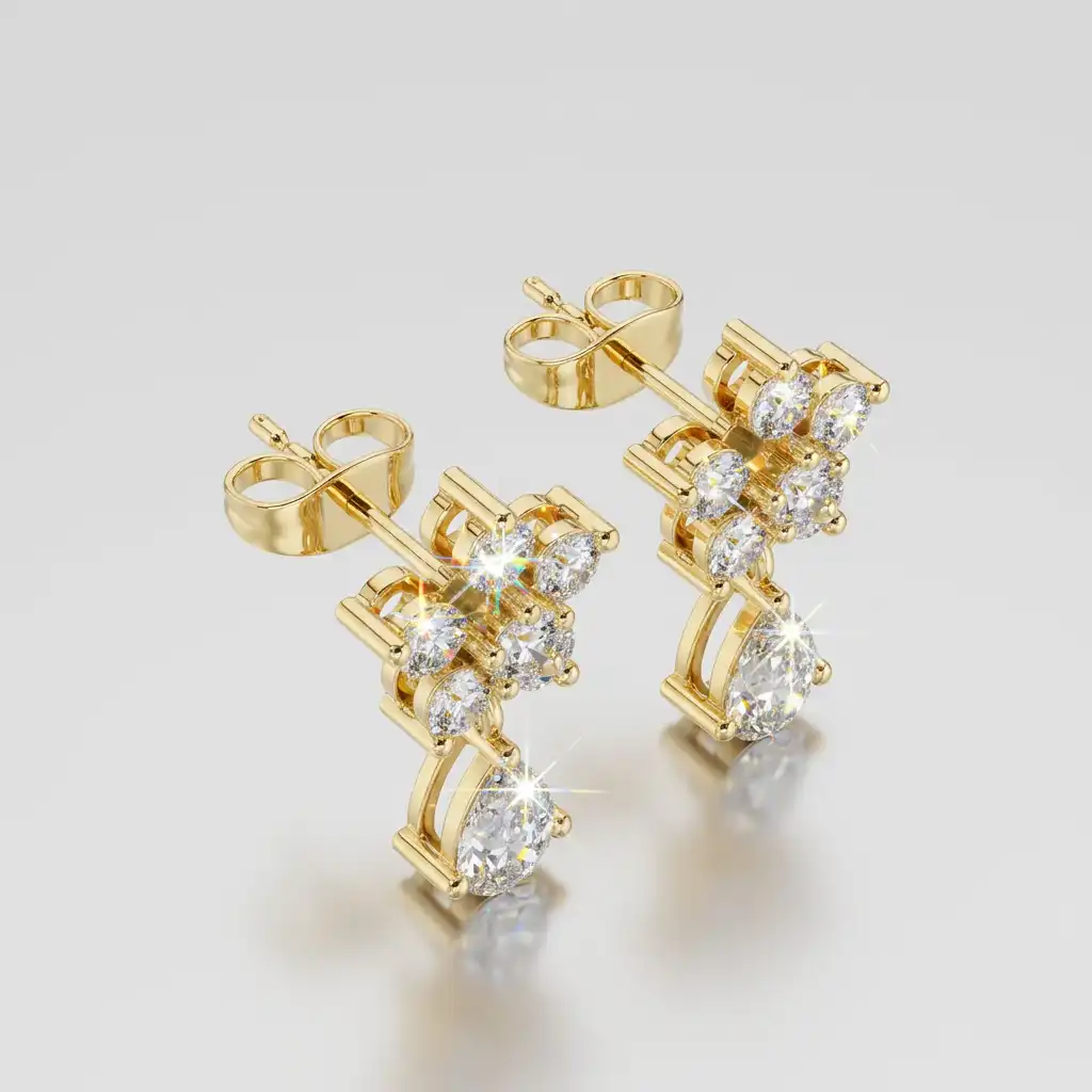 Round Diamond Flower Cluster with Pear Cut Drop Earrings