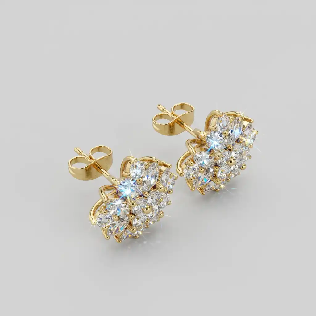 Marquise and Round Diamond Floral Stud Earrings