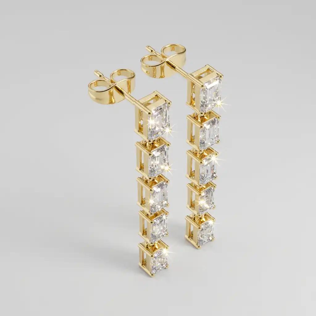 Emerald Cut Diamond Line Dangle Earrings