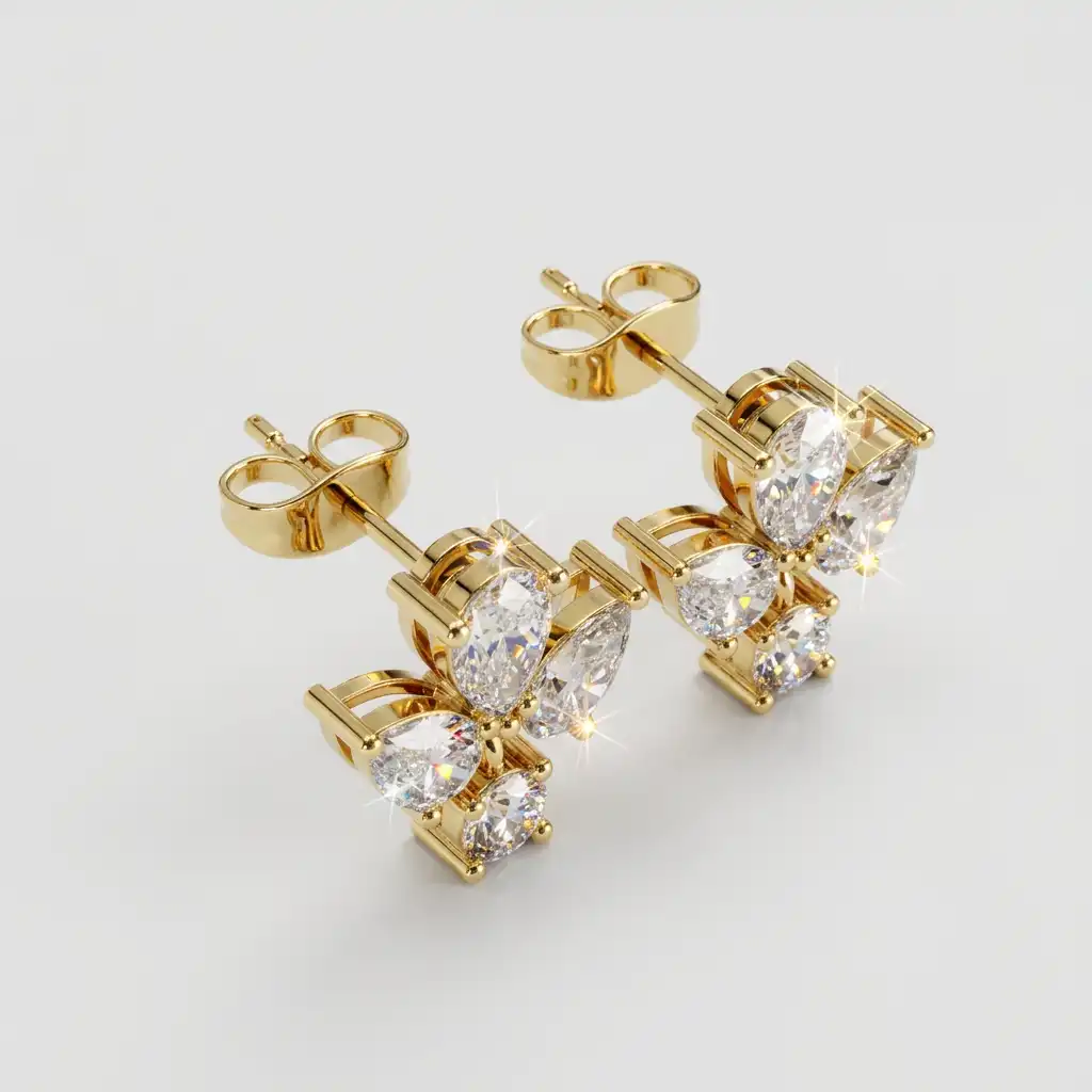 Pear Cut Diamond Lotus Cluster with Round Dangle Stud Earrings