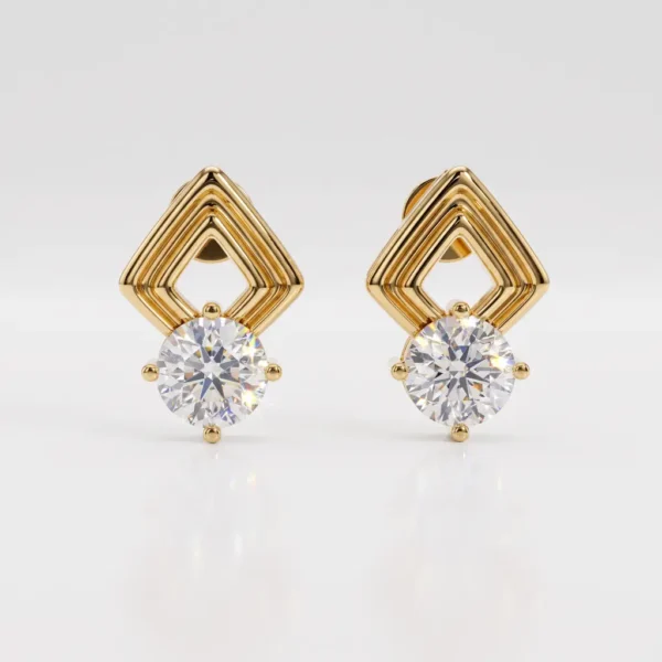 Round Diamond Geometric Gold Frame Stud Earrings