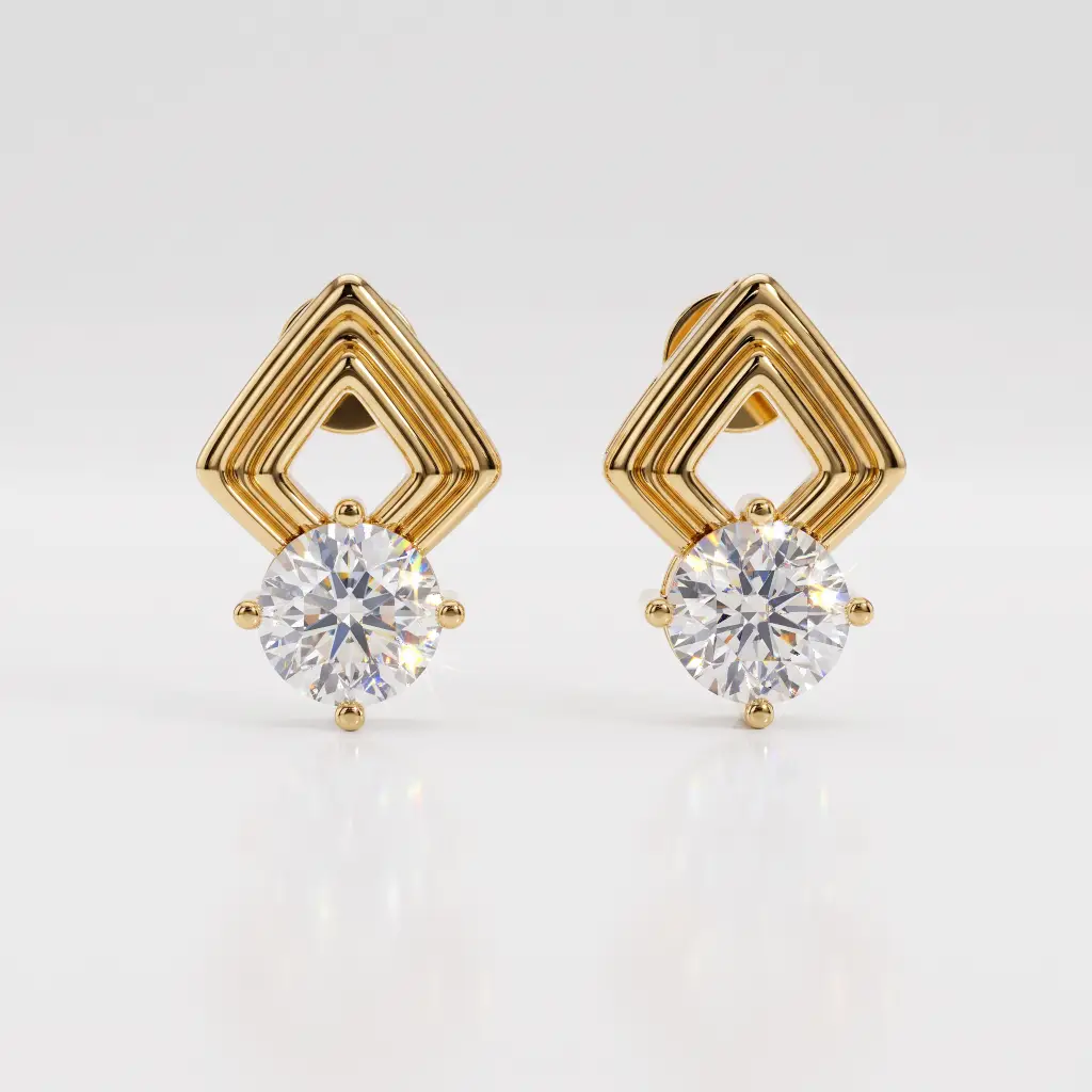 Round Diamond Geometric Gold Frame Stud Earrings