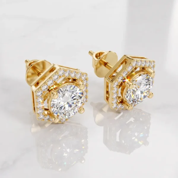 Hexagon Halo Round Cut Diamond Stud Earrings