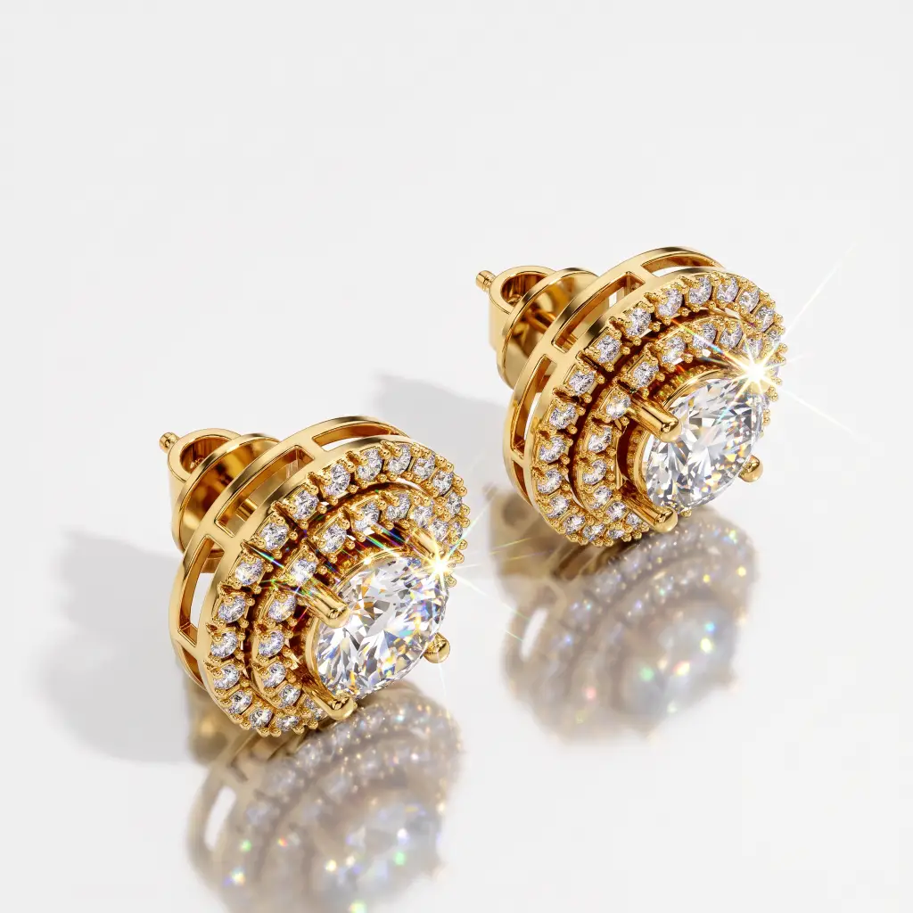 Round Cut Diamond Tiered Double Halo Stud Earrings